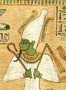 Osiris met baard, vlegel, kromstaf en mijter.