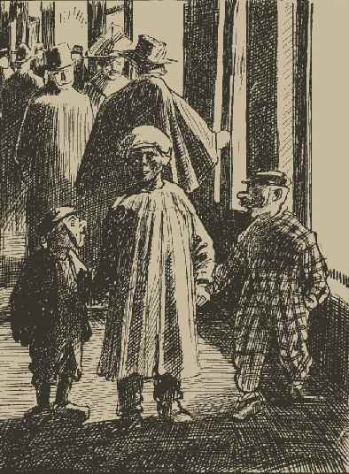 Illustratie van Louis Raemakers. De kinderen verkleedden zich als sint en zijn knechten, en halen zo geld en snoep op. De kleintjes dragen maskers, de grootste is sinterklaas met een zwart gemaakt gezicht.